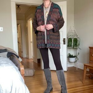 Peruvian Connection Teal and Brown Geometric Cardigan size M/L